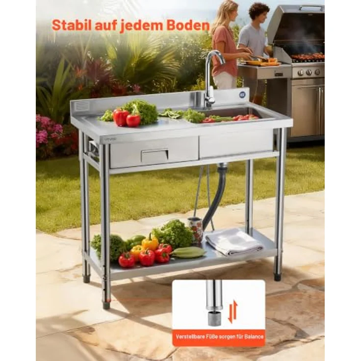 VEVOR Edelstahl Spültisch mit Einzelbecken, Wasserhahn & Schublade, 100 x 50 x 94 cm, für Garage, Restaurant und Wäscherei, Arbeitsplatte links – Bild 6