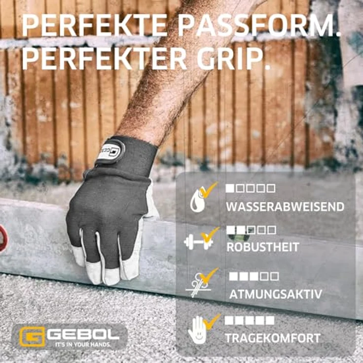 Gebol Uni Fit Comfort, 3 Paar Arbeitshandschuhe aus hochwertigem Leder, elastischer Bund & Klettverschluss, Sicherheitshandschuhe Gr. L/9, Weiß/Grau – Bild 4