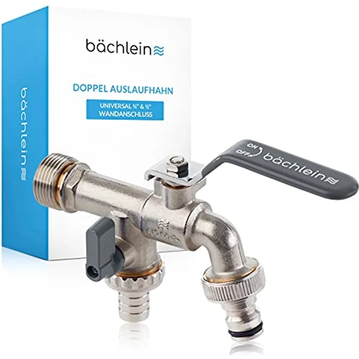 Bächlein Universal Doppel Auslaufhahn für den Garten [anthrazit] inkl. 2 Schlauchanschlüssen - edler Doppelwasserhahn mit 1/2 und 3/4 Zoll Anschluss, Doppel Kugel-Auslaufventil