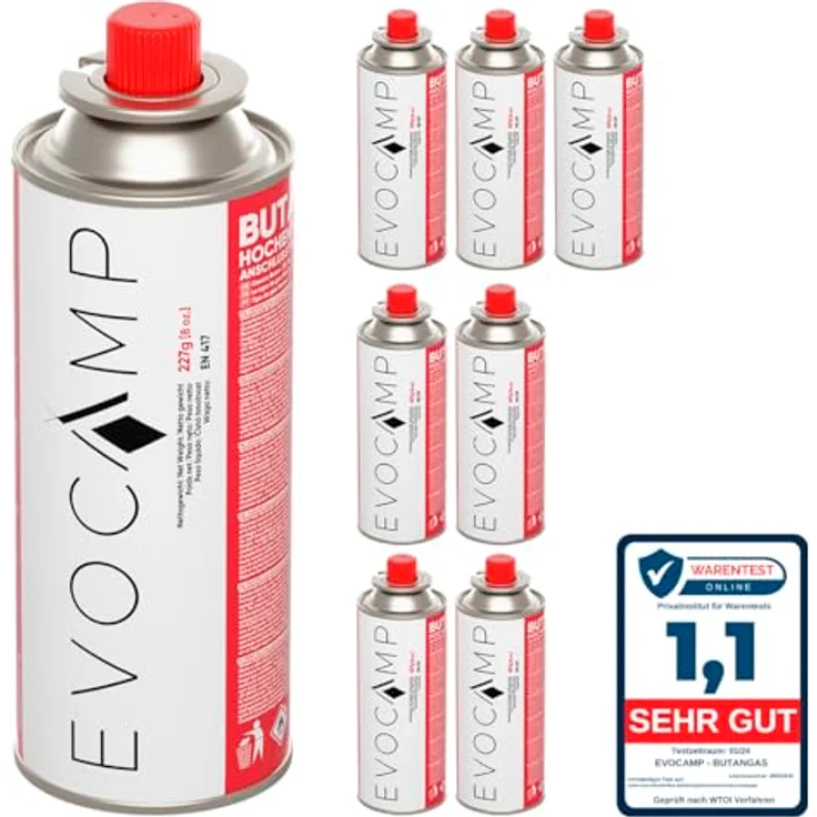 EVOCAMP Butan Gaskartuschen 8x 227g Typ MSF-1a mit Bajonett Ventil, ideal für Campingkocher und Gasheizungen, universell einsetzbare Gaskartusche für BBQ und Outdoor-Aktivitäten – Bild 1