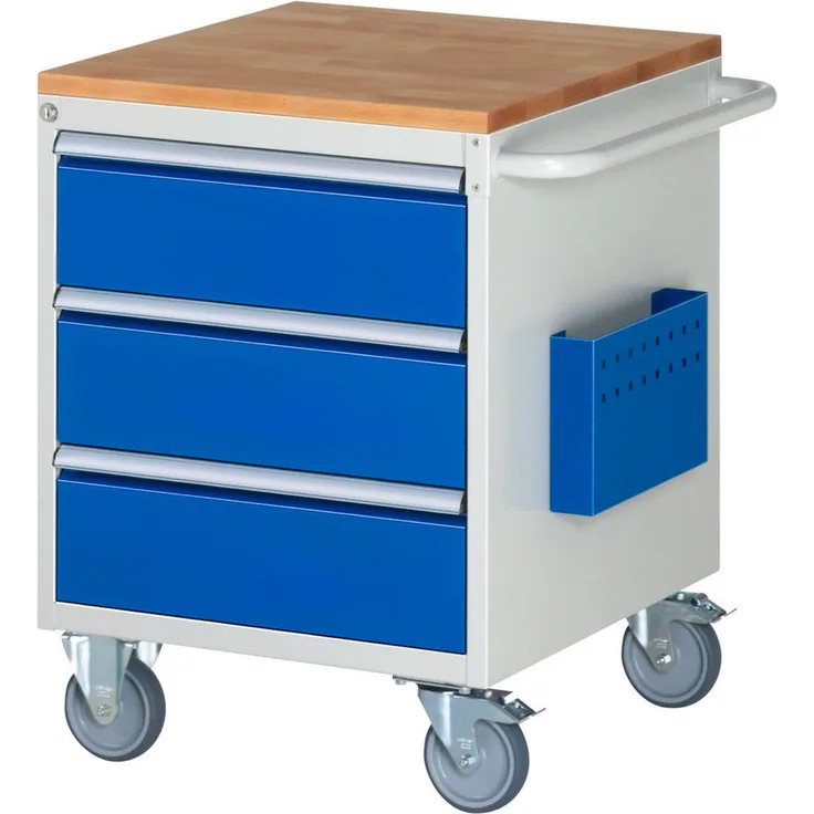 RAU Transportwagen Montagewagen 580x650x795mm, 3 Schubladen, lichtgrau/enzianblau, mit rollengelagertem Teilauszug, Zylinderschloss, und robustem Buchen-Arbeitsplatte