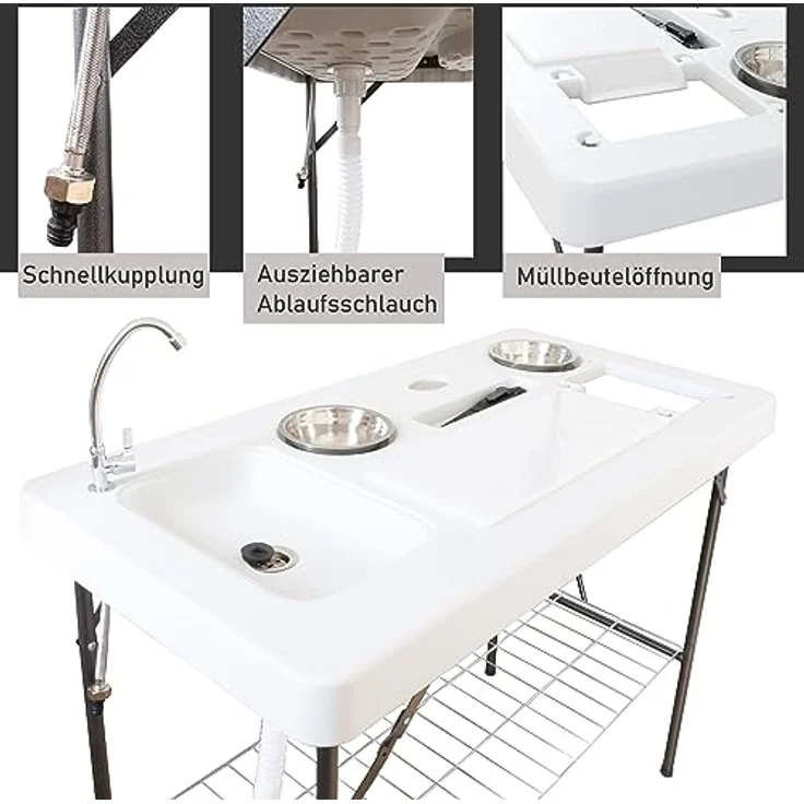 Lemodo Kunststoffspüle Filetiertisch mit Spüle und Zubehör, Gartenspüle, Campingspültisch, klappbar, 126,5/65 cm, weiß, inkl. Filetiermesser und Edelstahl-Seife – Bild 3