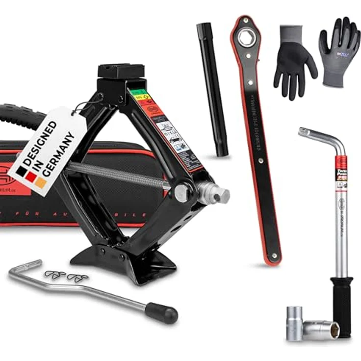 HEYNER® Ultra Lift S PRO, Scherenwagenheber Set 1t Traglast mit drehbarem Sattel, Radmutternschlüssel & Montagehandschuhe, Hubhöhe 100-348mm, Schwarz – Bild 1