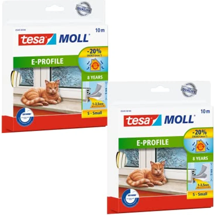 tesa moll E-Profil Gummidichtung im 2er Pack - Selbstklebende Dichtung zum Isolieren von Spalten an Fenstern und Türen - Weiß - 2x 10 m x 9 mm x 4 mm – Bild 1