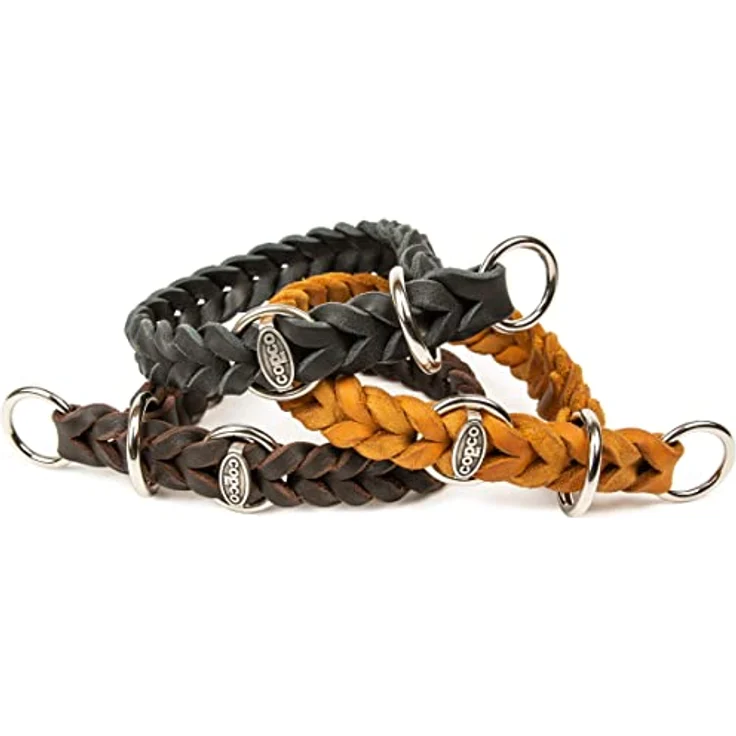 CopcoPet - Fettlederhalsband, Würger geflochten mit verchromten Zugstopp-Ring, Cognac 25-30 cm x 15 mm – Bild 4
