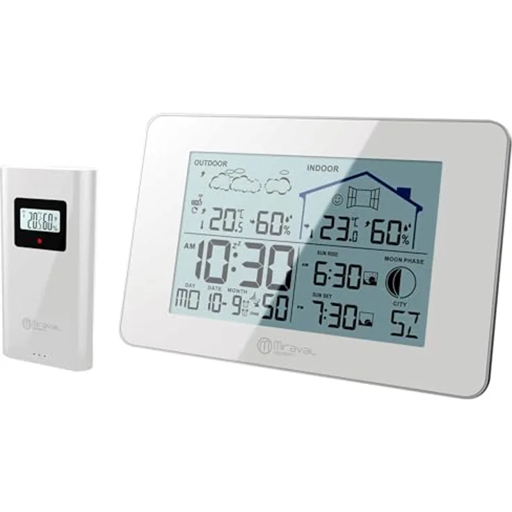 Miraval Funkwetterstation mit Außensensor, Datumsanzeige, Mondphase, Sonnenaufgang, 2 Alarmen, Luftfeuchtigkeit, großer Display, modern (Weiß)