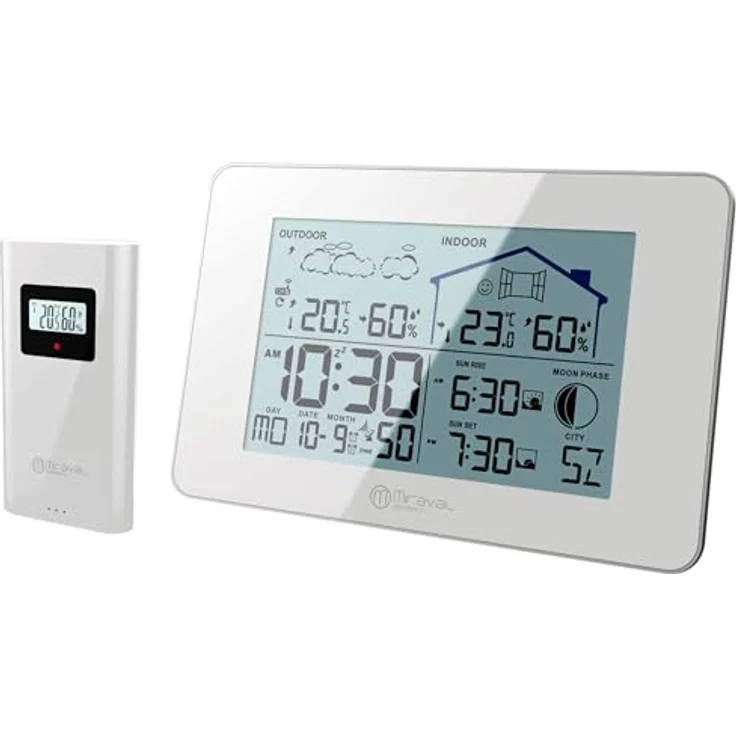 Miraval Funkwetterstation mit Außensensor, Datumsanzeige, Mondphase, Sonnenaufgang, 2 Alarmen, Luftfeuchtigkeit, großer Display, modern (Weiß) – Bild 1