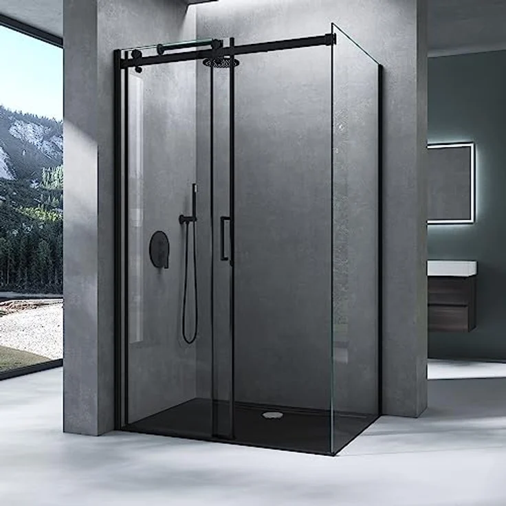 Mai & Mai Eckdusche Duschkabine Softclose Schiebetür H:195cm ESG NANO Rav19, BxT: 100x70 cm, Schwarz – Bild 2