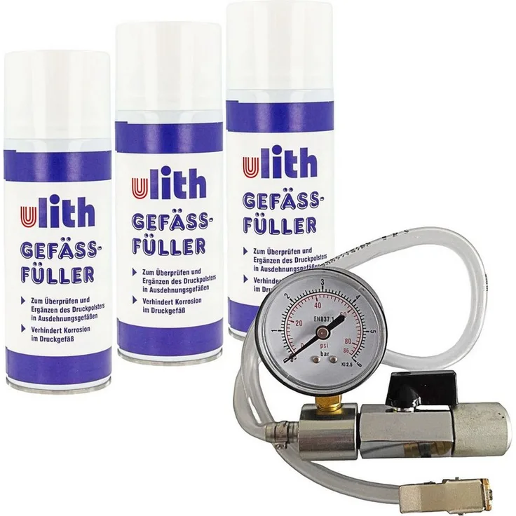 Ulith Gefäßfüller 400 ml, brennbar frei für Membran Ausdehnungsgefäße, Set mit Anschlussadapter, Absperrvorrichtung und Manometer