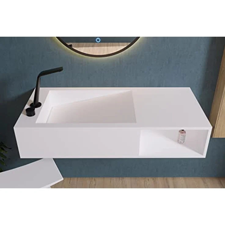 BERNSTEIN Wand-Waschbecken PB2088-100 x 46 x 20 cm Weiß Matt - Mineralguss-Waschtisch Solid Stone - Hänge-Waschbecken mit Ablaufrinne und Ablagefach – Bild 5