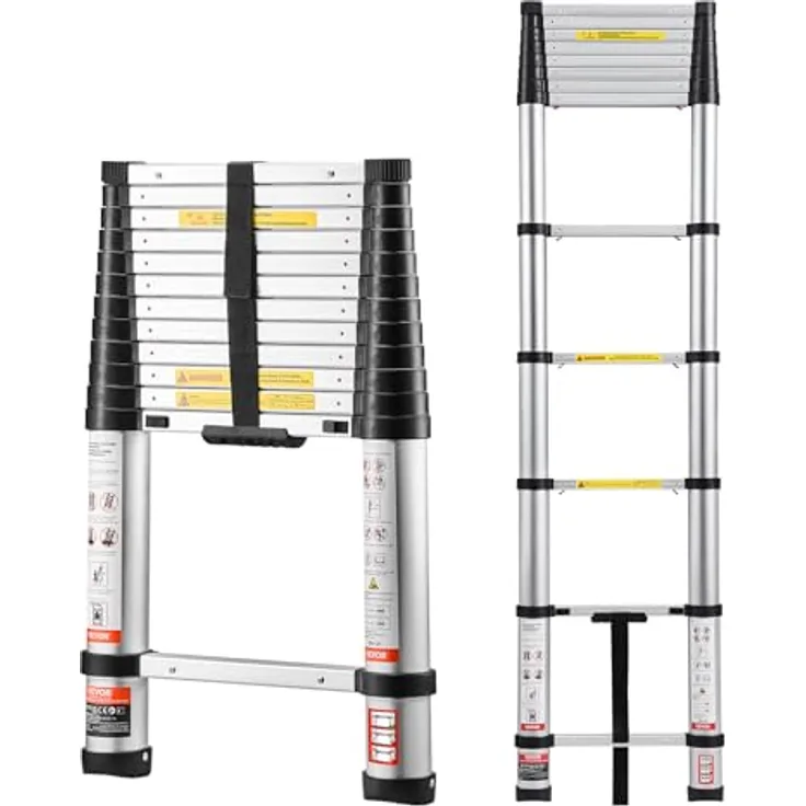 VEVOR Teleskopleiter 3740 mm, Aluminium-Klappleiter mit Ein-Knopf-Auszug, belastbar bis 150 kg, verbreiterte Stufen für sicheren Stand, ideal für Haus, Garten & Dachboden