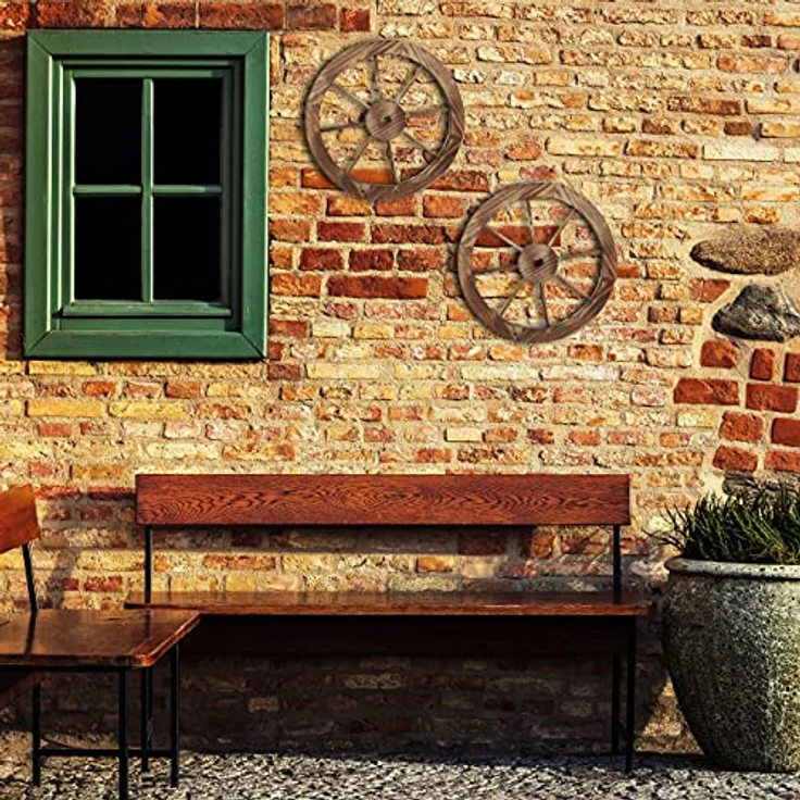Relaxdays Wagenrad aus Holz, 2er Set, Deko für Garten, Terrasse, Veranda, rustikales Speichenrad, Saloon, Western, braun – Bild 2