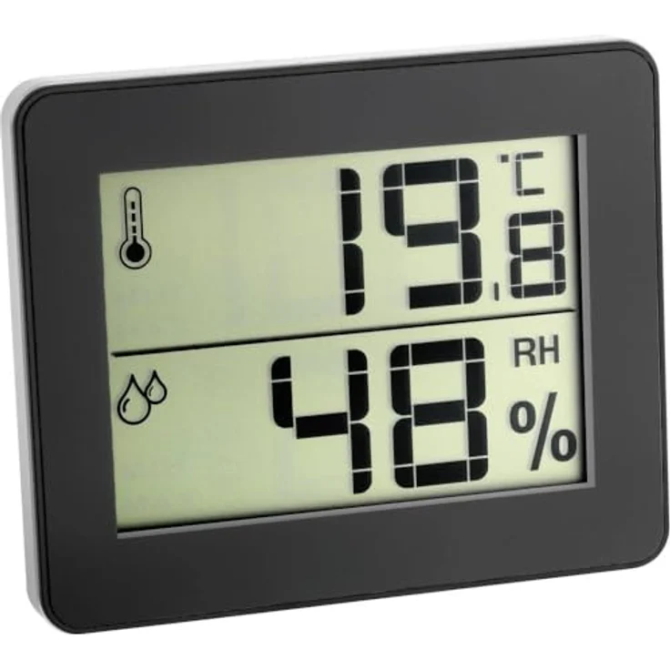 TFA Dostmann Digitales Thermo-Hygrometer 30.5027.01, ultra-flach, schwarz, zur Kontrolle von Innentemperatur und Luftfeuchtigkeit, Max.-Min.-Werte, L 100 x B 12 (48) x H 82 mm – Bild 1