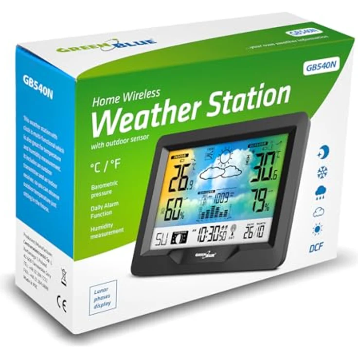 Greenblue GB540N, Funkwetterstation mit DCF, Mondphasen, Barometer, Kalender und kabellosem Aussensensor, schwarz – Bild 9