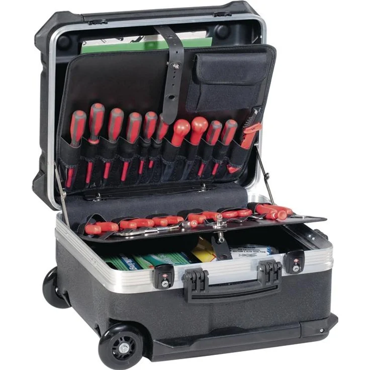 Tecwerk Werkzeugkoffer, Schalenkoffer HDPE mit Rollen, 64 l, Innenmaß B470xT390xH300mm, abschließbar, mit Teleskopgriff und Werkzeugzubehör