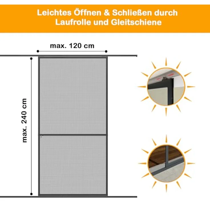 Yoursol Alu Insektenschutz Schiebetür 120 x 240 cm, weiß oder grau, für Balkon und Terrassen, UV-beständiges Fiberglasgewebe – Bild 2