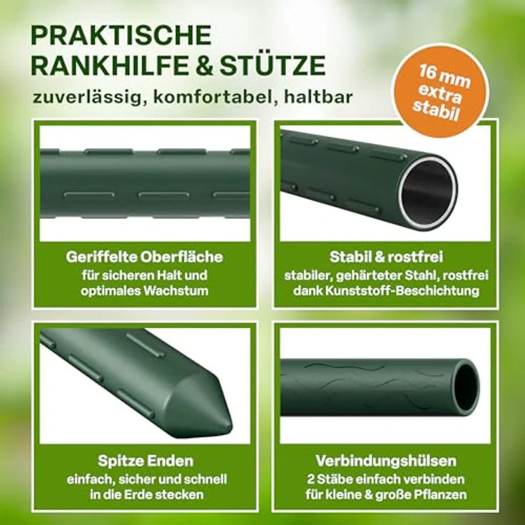TTL GARDEN Rankstäbe 10er Set, 240cm x 16mm Ø grün, extra stabile Pflanzenstützen aus rostfreiem Stahl, inkl. Klettband für Tomaten, Paprika & Blumen – Bild 4