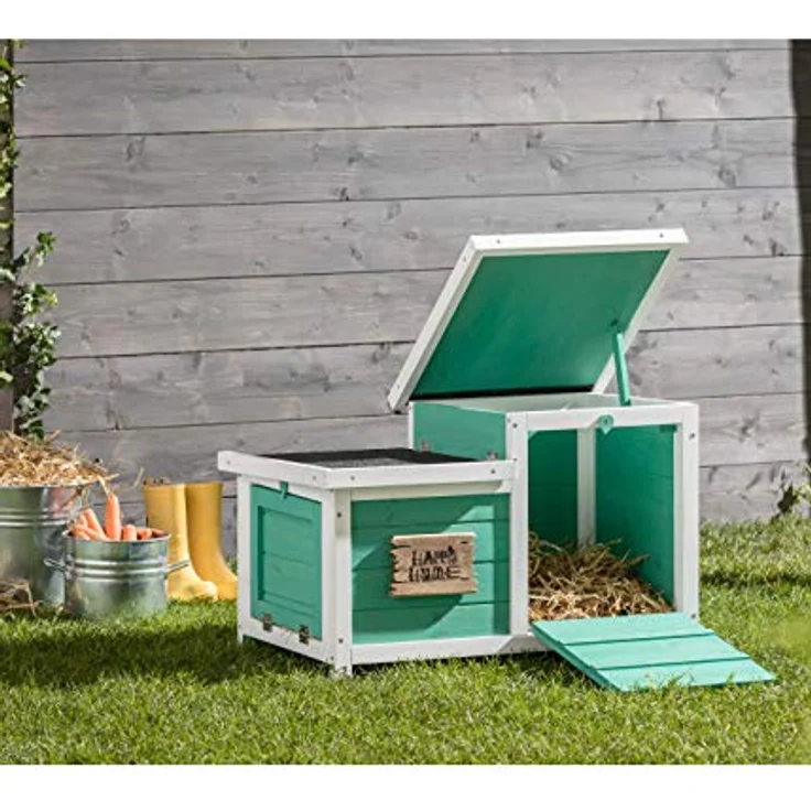 Dehner Nagerschlafhaus Happy Home Teatro, ca. 70 x 43 x 45 cm, Tannenholz, türkis/weiß, mit zwei praktischen Türen und aufklappbaren Bitumen-Dächern – Bild 2