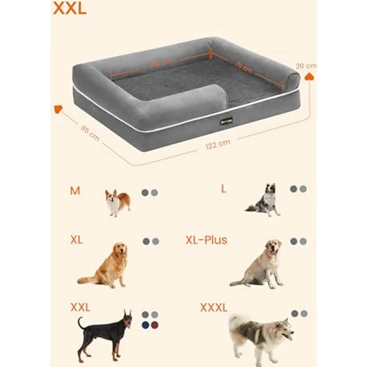 Feandrea Orthopädisches Hundebett, weiche Polsterung, erhöhte Ränder, abnehmbar und waschbar, rutschfeste Unterseite, hellgrau – Bild 5