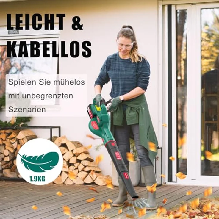 HYECHO Laubbläser 223 km/h, Akku 18V 4,0Ah mit 3 Aufblasdüsen, ergonomisch, Grün – Bild 3