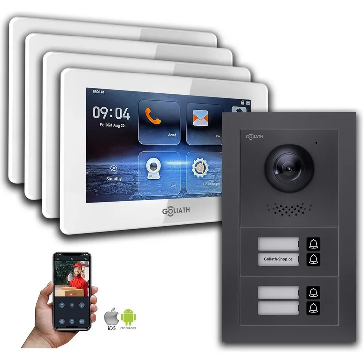 Goliath Intercom GL-HB400A, 2-Draht BUS Video-Türsprechanlage für 4-Familienhaus, anthrazit, HD-Kamera, Smartphone-App, 4 Monitore, Fingerabdruck-Zugang