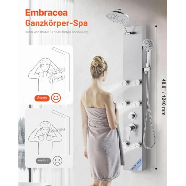 VEVOR Duschpaneel-Turmsystem 3 in 1 mit 124 cm Duschsäule aus gebürstetem Edelstahl, Regenwasserfall-Duschkopf, Handbrause & 6 Massagedüsen zur Wandmontage – Bild 2