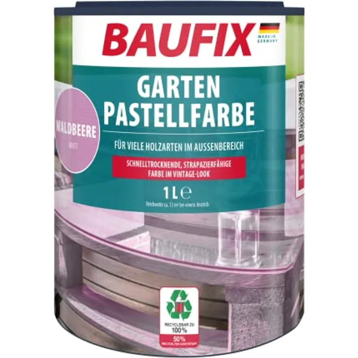 Baufix Garten Pastellfarbe waldbeere, halbtransparent matt, 1 Liter, Holzfarbe, Pastellfarbe für außen, Vintage-Look für Gartenmöbel oder Gartenhäuser
