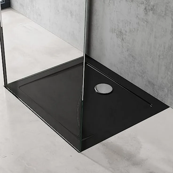 doporro Duschtasse Duschwanne 70x80x4 flach inkl. Ablaufgarnitur AL01 aus Acryl in Schwarz Rechteckig DIN-Anschlüsse für bodenebene Montage geeignet Faro2
