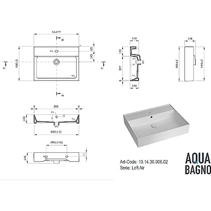 Aqua Bagno | Keramik Waschbecken weiß, eckiger Waschtisch für Gäste-WC, Waschbeckenaufsatz Loft Air Design | 612x466 mm – Bild 3
