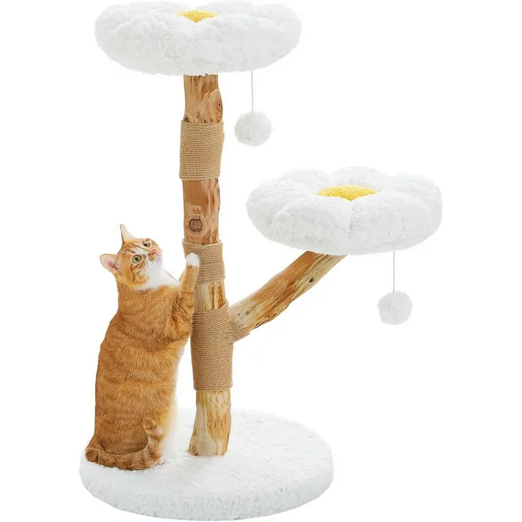 PurpurRain Kratzbaum Naturgetreuer Kratzbaum mit Korb, Höhle und Hängematte, 90/100cm, Echtes Holz, Modernes Design aus Naturholz und Rattan, Großer geflochtener Weidenkorb, Geeignet für große Katzen