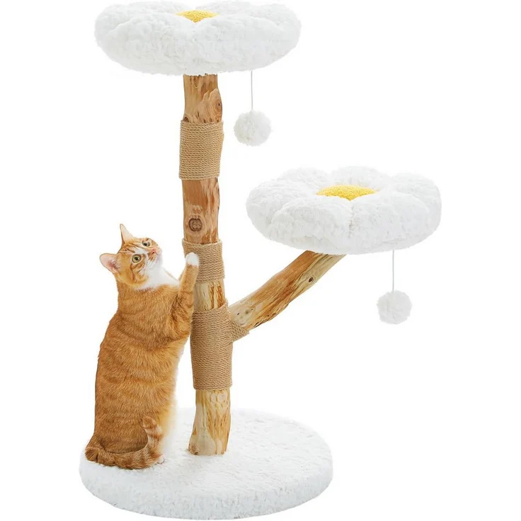PurpurRain Kratzbaum Naturgetreuer Kratzbaum mit Korb, Höhle und Hängematte, 90/100cm, Echtes Holz, Modernes Design aus Naturholz und Rattan, Großer geflochtener Weidenkorb, Geeignet für große Katzen