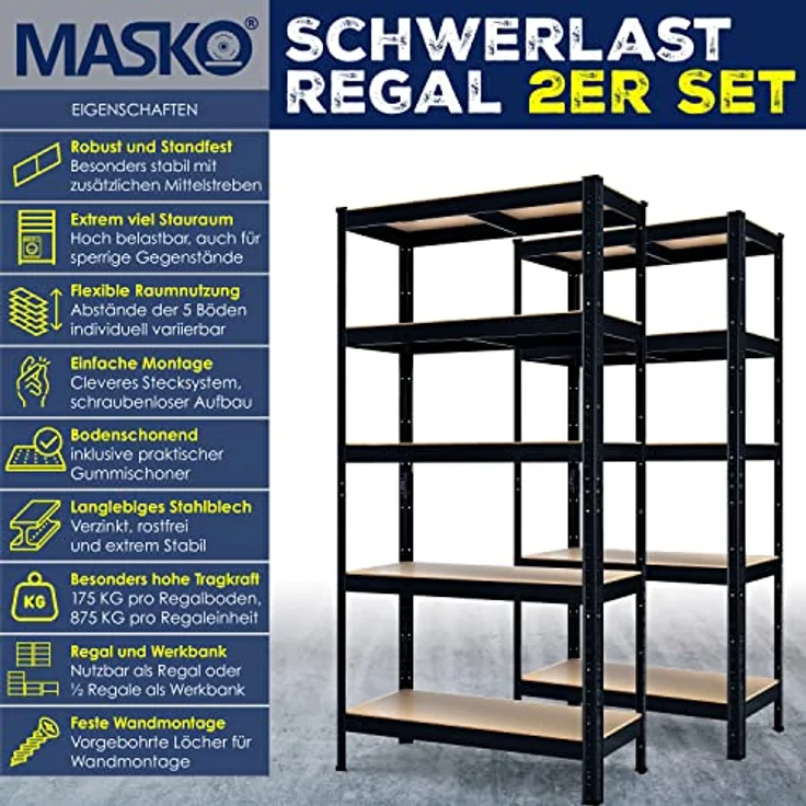 MASKO 2er-Set Lagerregal Schwerlastregal, Kellerregal , bis 875 kg belastbar, 5 verstellbare Ablagen, MDF-Platten Regal aus Metall, Steckregal, Werkstattregal, Keller, Garage 2x 180x90x40cm 5-Böden, 2x Schwarz 875kg – Bild 3