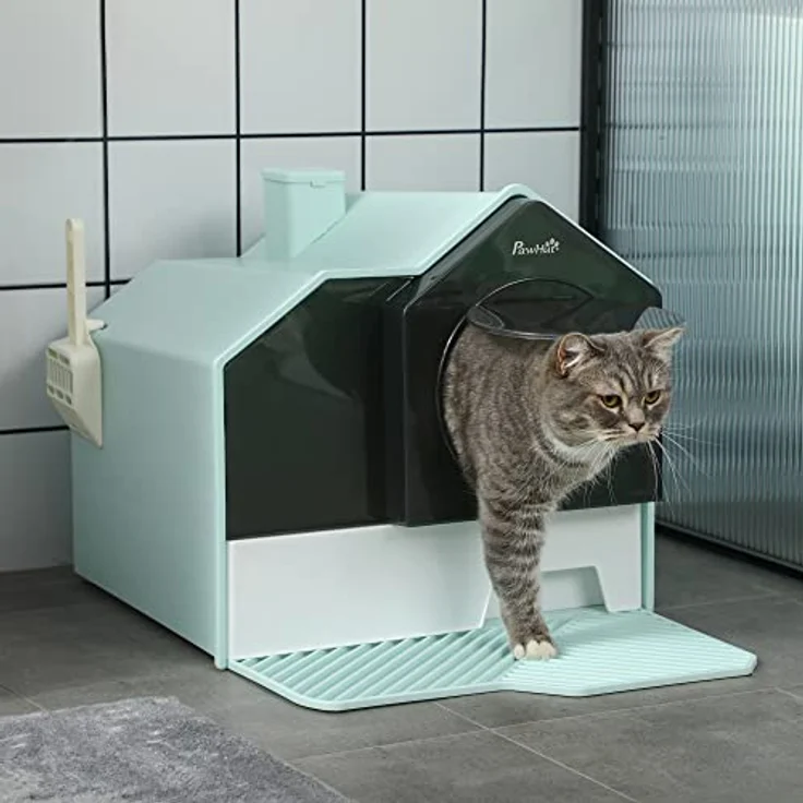PawHut Katzentoilette Katzenklo mit Bodenwanne, Schaufel, Filter, Toilette mit Haube für Katzen bis 8 kg, ABS, Kunststoff, Hellblau 47 x 45 x 42 cm – Bild 2