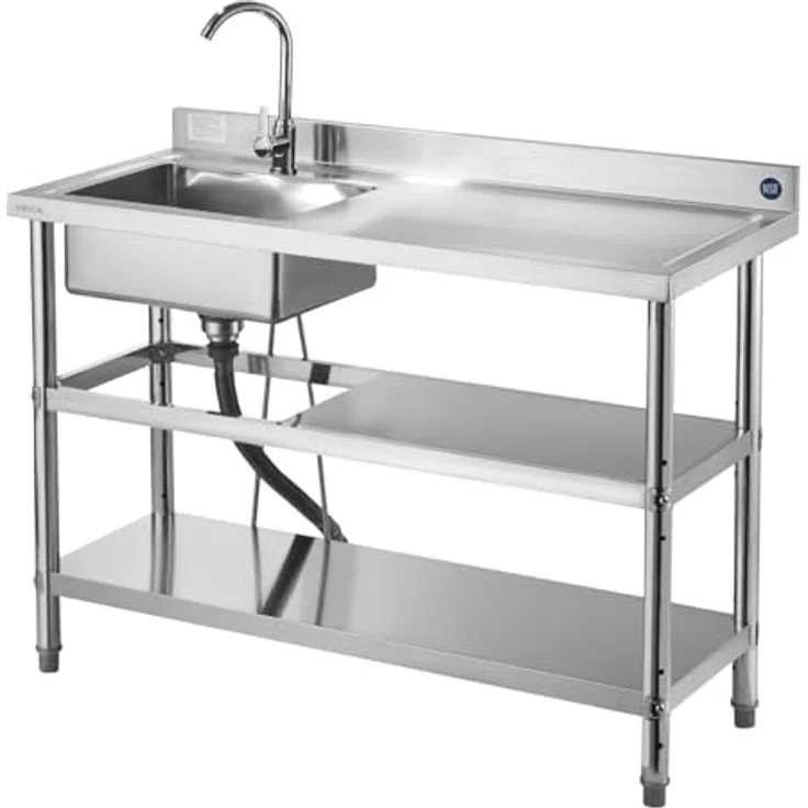 VEVOR Edelstahl Spültisch (120 x 50 x 94 cm) mit 360° Wasserhahn, 2 Ablagefächern und verstellbaren Füßen für Küche, Garage und Restaurant – Bild 9