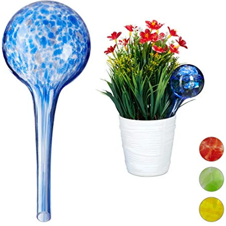 Bewässerungskugel 2er Set, dosierte Bewässerung Pflanzen u. Blumen, Gießhilfe Büro, Urlaub, Ø 6 cm, Glas, blau – Bild 2