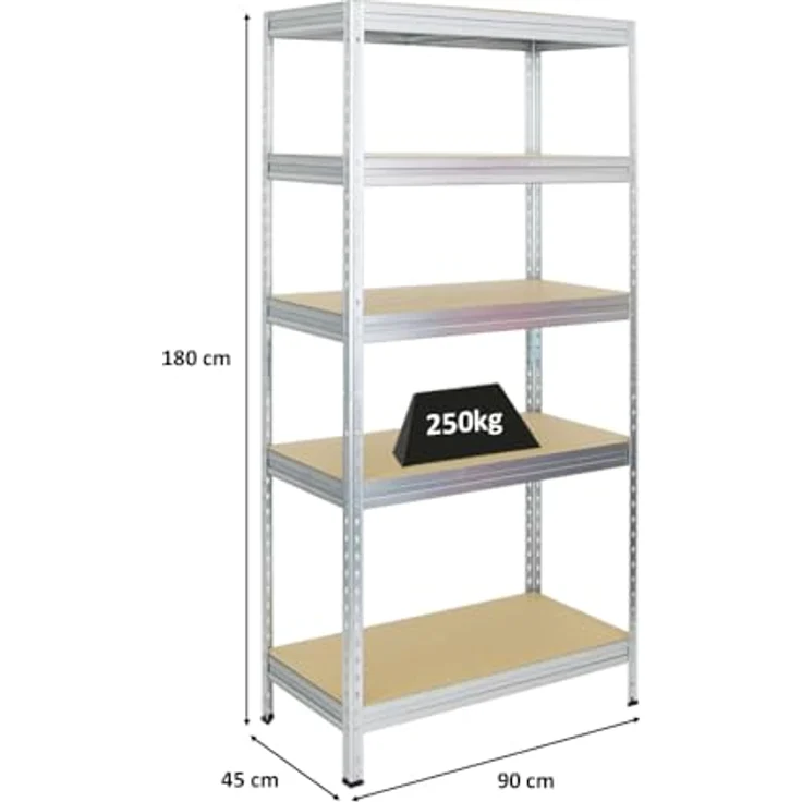 Proregal Schwerlastregal Rivet, 180 x 90 x 45 cm, 5 verstellbare Böden, Traglast 250 kg pro Boden, verzinkter Stahl – Bild 2