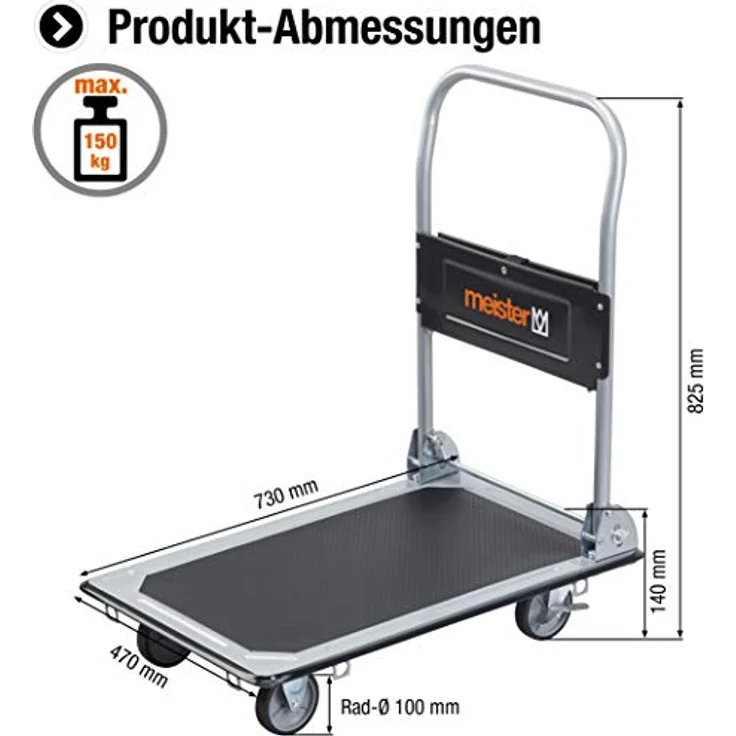 Meister Plattformwagen - Klappbar - Bis 150 kg Tragkraft - Feststellbremse - Transporthilfe mit Lenkrollen - Paketwagen mit Antirutsch-Beschichtung - Klappwagen aus Stahl - 8985530 – Bild 2