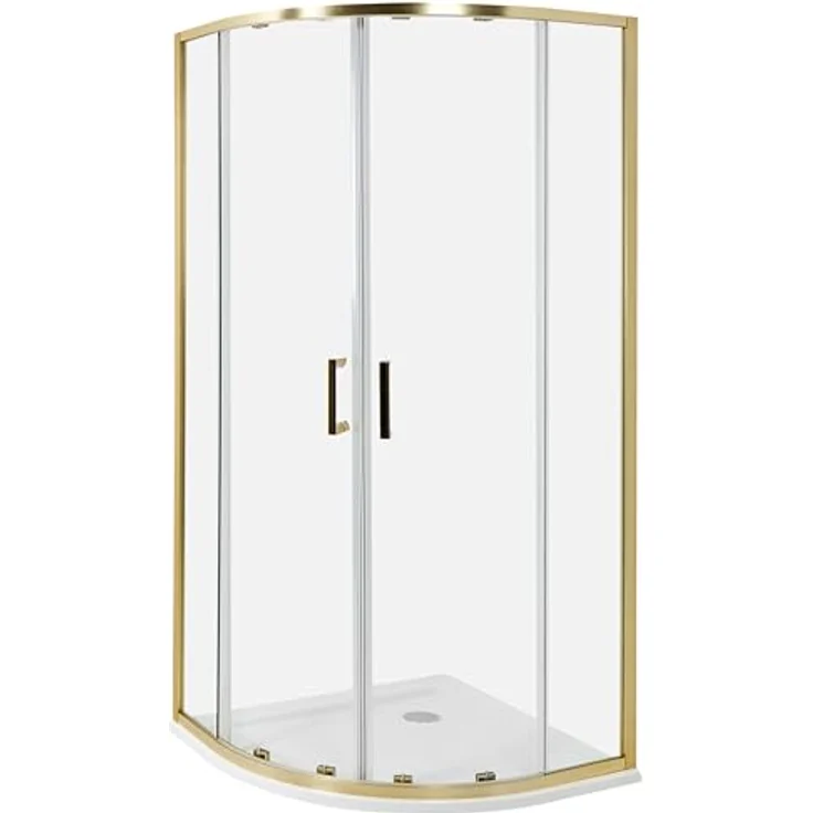 Beliani Duschkabine Gold, Halbrund 90x90 cm, 185 cm hoch, mit Sicherheitsglas, Aluminiumprofil und 2 Schiebetüren, Magnetschloss – Bild 1