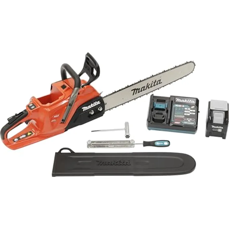 Makita UC030GE103, 40V Akku-Kettensäge in Signalrot, 50 cm Schienenlänge, 29 m/s Kettengeschwindigkeit, inkl. Akku und Ladegerät