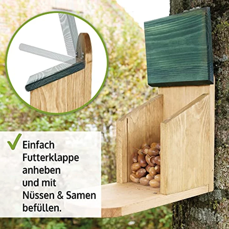Zooprinz Eichhörnchenkobel Futterstation aus Premium Vollholz mit Plexiglas, Klappdach, große Sitzplattform, wetterfest, 26.5 cm hoch – Bild 2