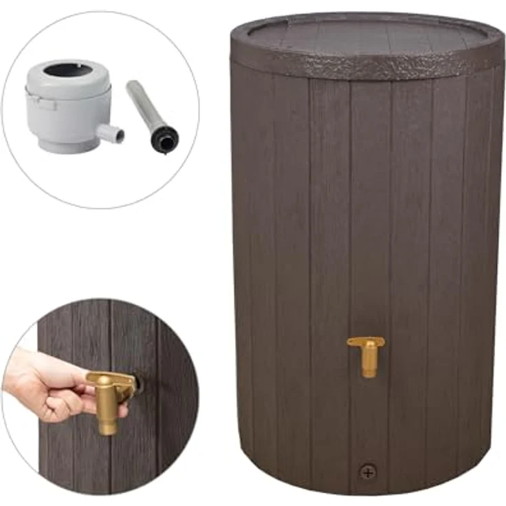 4rain Regentonne MADERA SET - braun - 220L Regenwasserspeicher mit Auslaufhahn und Fallrohranschluss, Holzoptik, nachhaltige Gartenbewässerung, Made in Germany – Bild 2