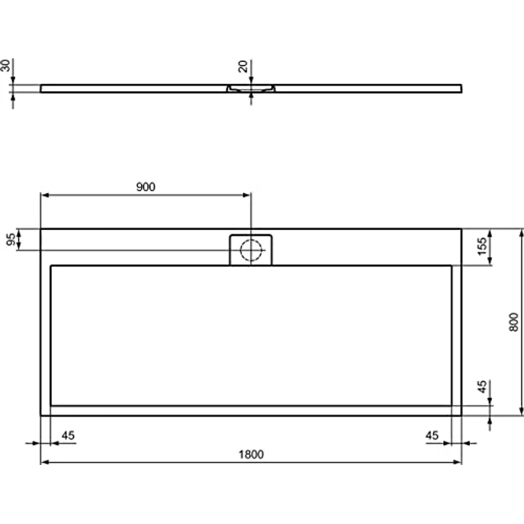 Ideal Standard Ultra Flat S i.life, Rechteckige Duschwanne 180 x 80 cm, Kunstharz in Schwarz mit rutschfester Steinoptik, Ablaufgarnitur lange Seite, mattes Finish – Bild 2