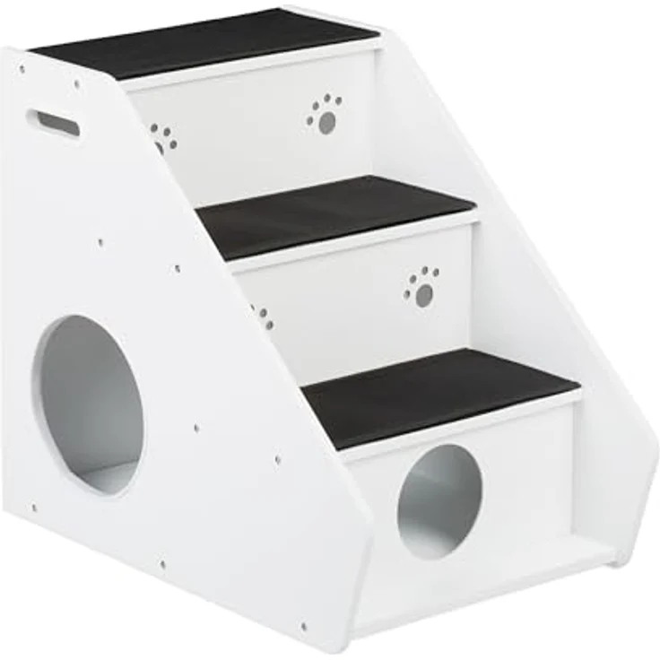 Relaxdays Hundetreppe 3 Stufen, Hunde & Katzen, HBT 52,5x42x60 cm, Haustiertreppe Teppich, Bett & Couch, weiß/schwarz – Bild 1