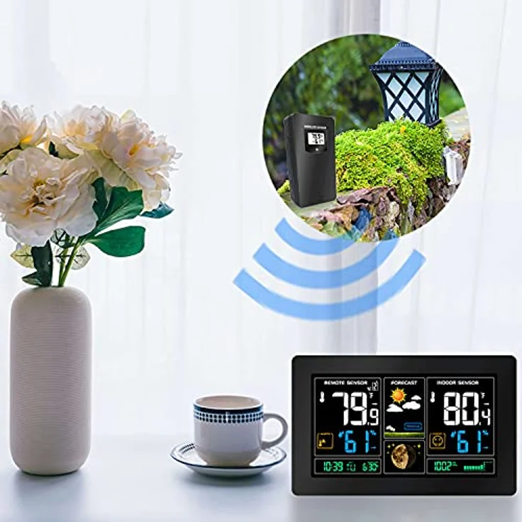 Echos Eco-450, Funkwetterstation mit LCD Farbdisplay, Wettervorhersage, Außensensor, schwarz – Bild 6