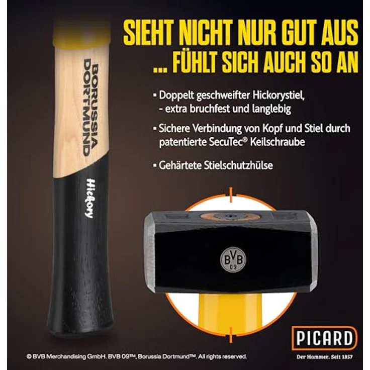 PICARD Hammer Fäustel 1.000g SecuTec HS 43, BVB-Look mit gelasertem Logo und Hickory-Stiel – Bild 4