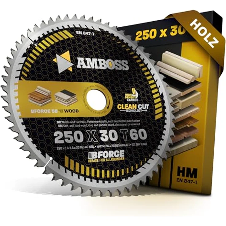 Amboss Werkzeuge HM Kreissägeblatt 250x30 Z60 Wechselzahn neg. für Holz - Kappsäge Feinschnitt. Passend zu Dewalt DWE 7492 Güde GTK 2000 PowerPlus POWX07598. Schwarz – Bild 1