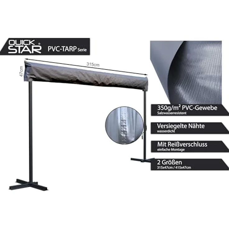QUICK STAR 3m Schutzhülle für Stand Markisen, PVC-TARP Gewebe 350g/m², wasserdicht und salzwasserresistent, Grau, 312x45cm – Bild 2