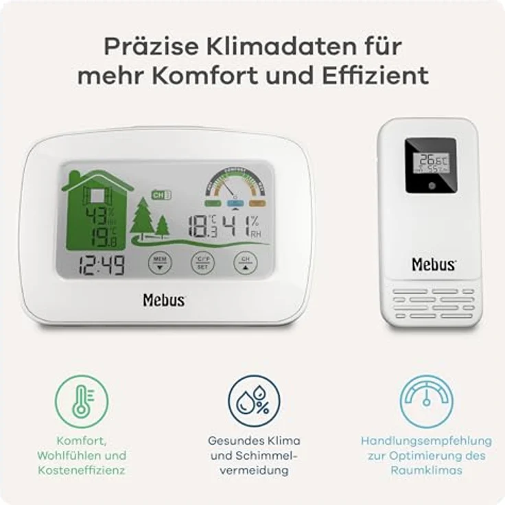 Mebus Wetterstation 40902, funkgesteuert mit Außensensor, Thermometer/Hygrometer, Wohlfühlindikator, Min-/Max-Funktion, Displaybeleuchtung, Farbe: Schwarz – Bild 3