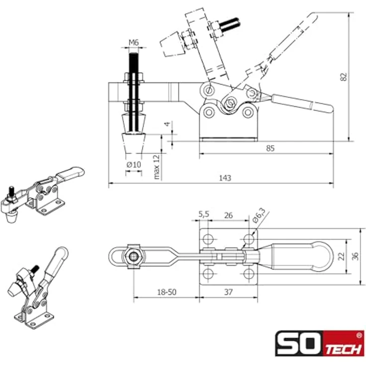 SO-TECH Kniehebelspanner Kniehebelklemme, Haltekraft bis zu 90 kg, kompakte Bauweise, Griff-Farbe rot, 85° Winkel – Bild 2