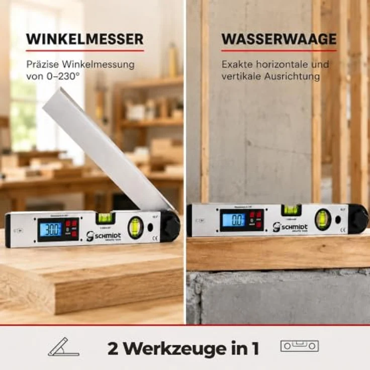 SCHMIDT security tools WM-420A digitale Wasserwaage und Winkelmesser, LCD Display mit blauer Hintergrundbeleuchtung, Messgenauigkeit ±0,5°, Silber – Bild 2